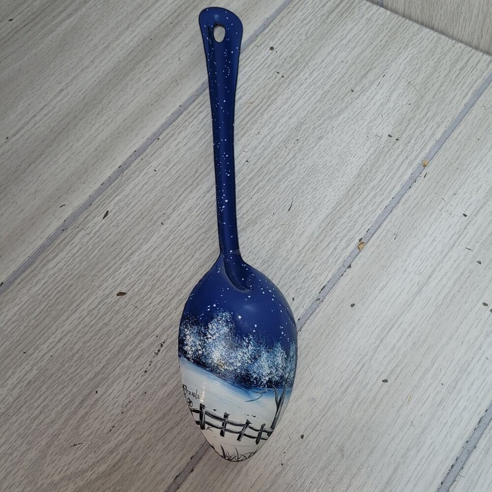 Vtg Handpainted Blue & White Decorative Metal Spoon Snow Scene Artist Sighned